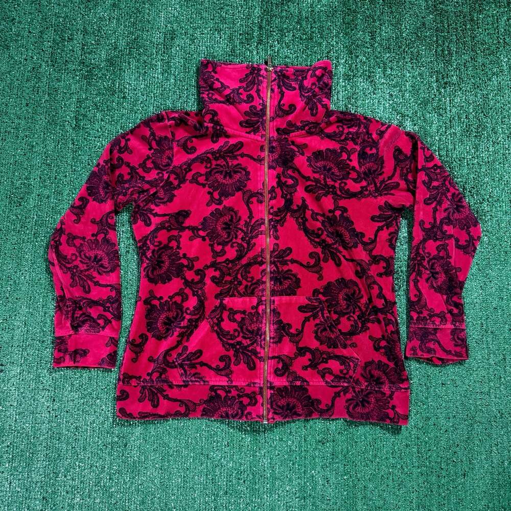 Y2K Style & Co. Sport Women Jacket Medium Red Floral Velour Full Zip Mock Neck